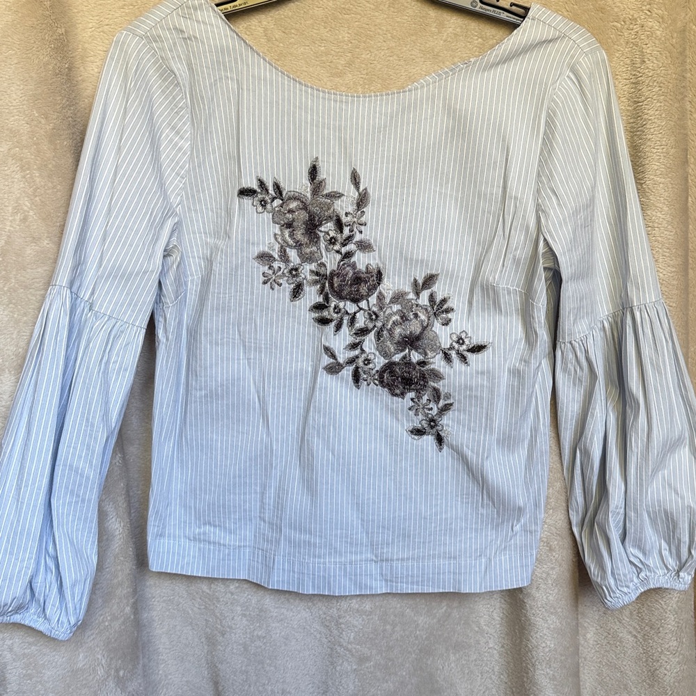 White House Black Market Light Blue Striped Blouse